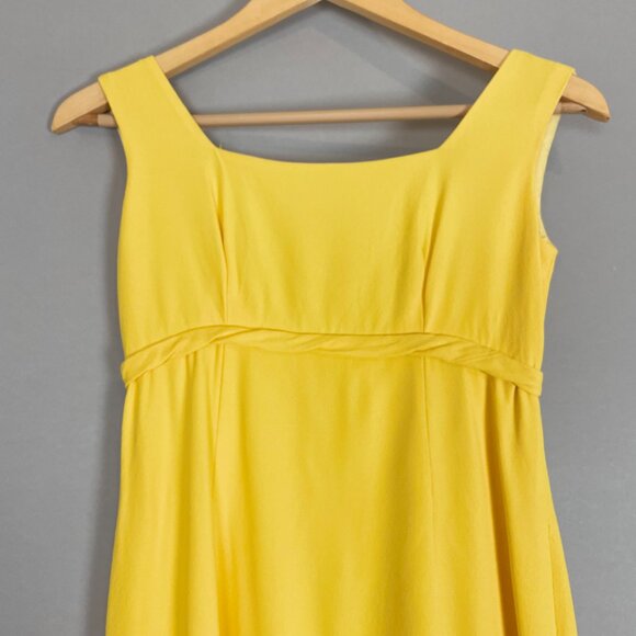 Vintage 1960s Dress Handmade Floral Train Yellow Crepe Empire Waist Bow Back - Picture 2 of 10